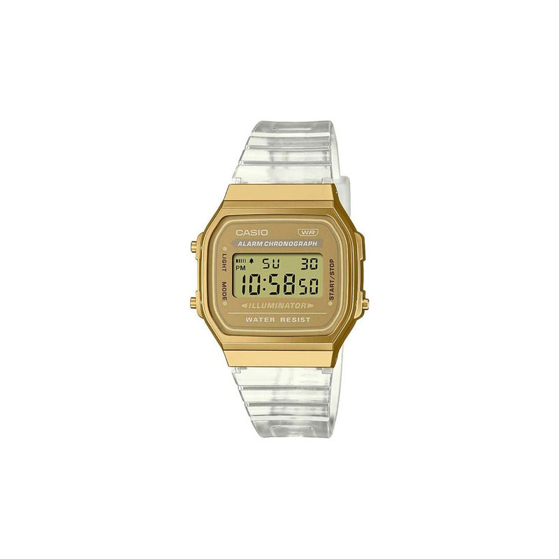 Reloj Casio Vintage Unisex Correa Transparente Bisel Dorado Digital