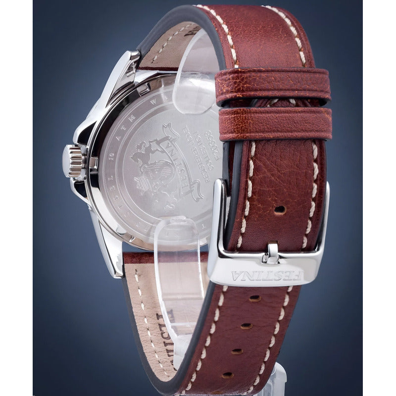 Reloj Pulsera Festina F20358-3 Con Correa De Cuero Color Marrón - Fondo Azul - Bisel Plata