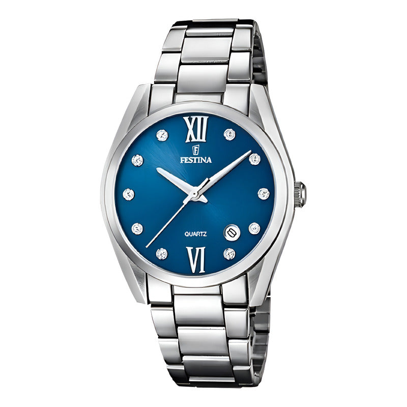 Reloj De Mujer Festina Boyfriend Con Piedras De Acero F16790 Color Del Fondo Azul Color De La Malla Plateado Color Del Bisel Plateado
