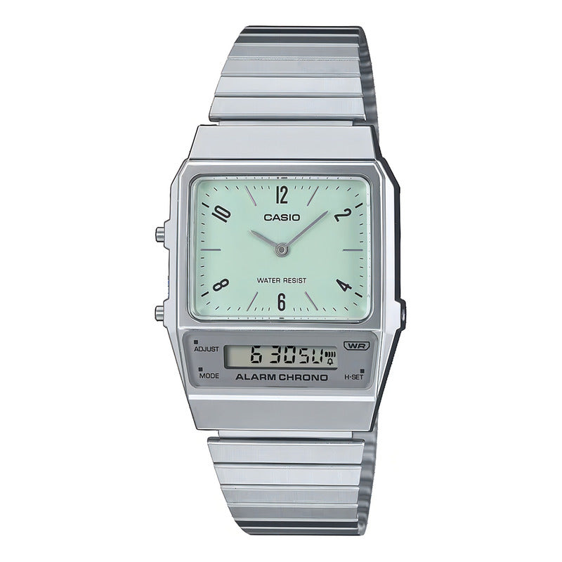 Reloj Mujer Casio Aq-800e-3adf Vintage Core Mens Correa Plateado Bisel Plateado Fondo Verde