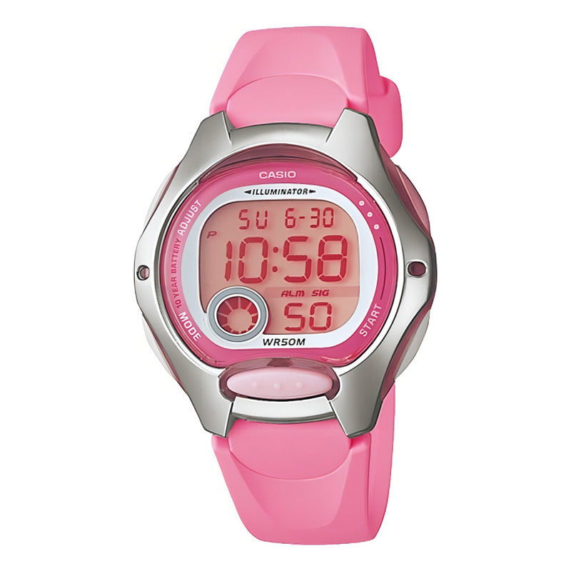 Reloj Pulsera Digital Casio Lw-200-2av Con Correa De Resina Color Rosa - Fondo Gris - Bisel Rosa/plateado