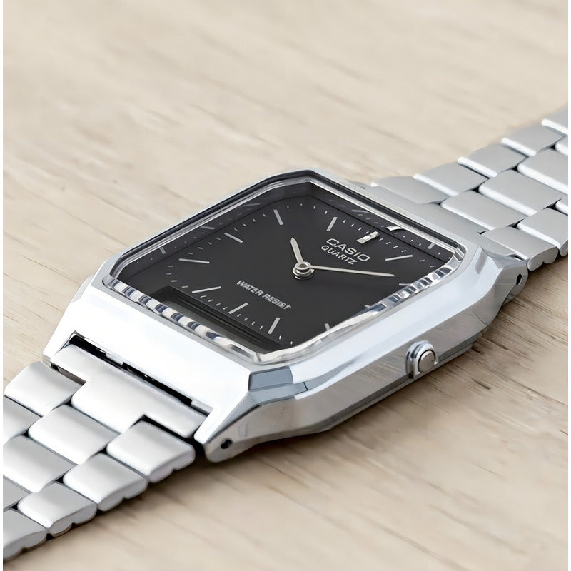 Reloj Pulsera Casio Aq-230 Con Correa De Acero Inoxidable Color Plateado - Fondo Negro/gris
