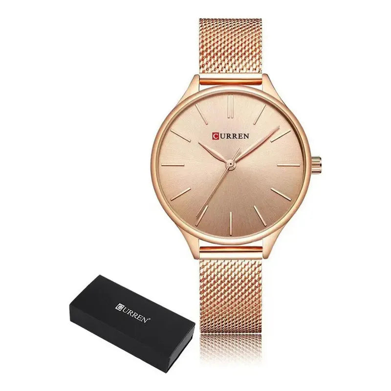 Relojes Curren 9024 Mesh Belt Quartz Para Mujer Correa Rose Dorado White