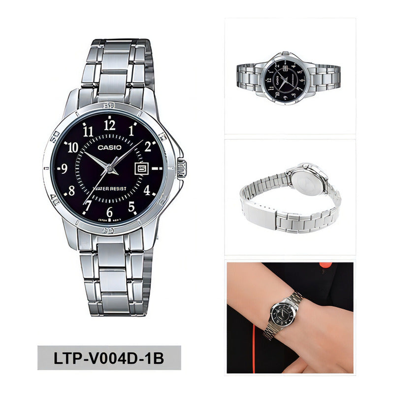 Reloj Casio Ltpv004 Mujer Fondo Negro *watchsalas* Full Color De La Correa Plateado Color Del Bisel Plateado Color Del Fondo Negro Ltp-v004d-1b