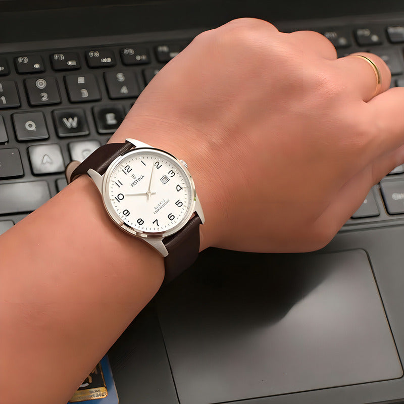 Reloj De Pulsera Festina Para Hombre, Analógico Con Correa De Cuero Plateado