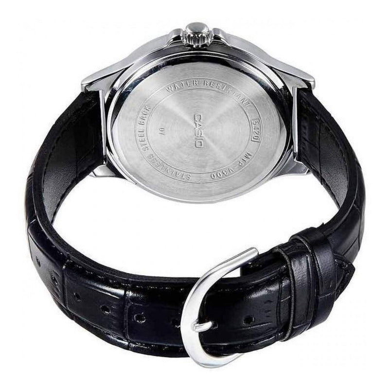Reloj Pulsera Casio Mtp-v002l-1bu Con Correa De Cuero Color Negro - Bisel Plateado