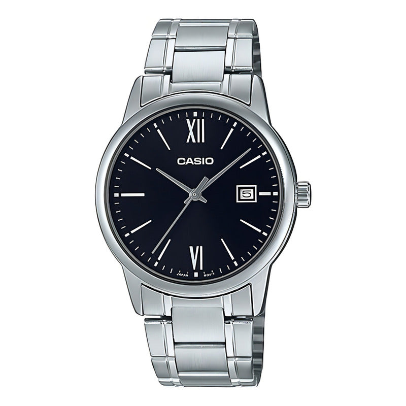 Reloj Pulsera Casio Mtp-v002d-1b3ud Con Correa De Acero Inoxidable Color Gris - Fondo Negro