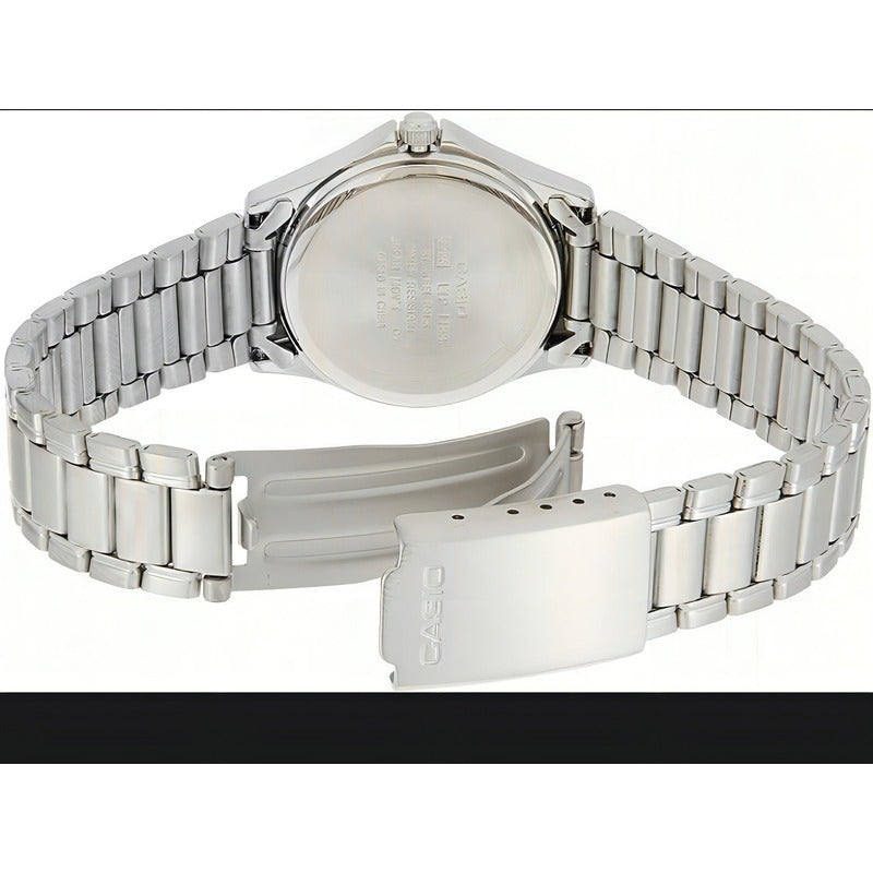 Reloj Casio Para Mujer Línea Enticer Series De Cuarzo Con Fondo Negro Y Correa De Acero Inoxidable Plateado
