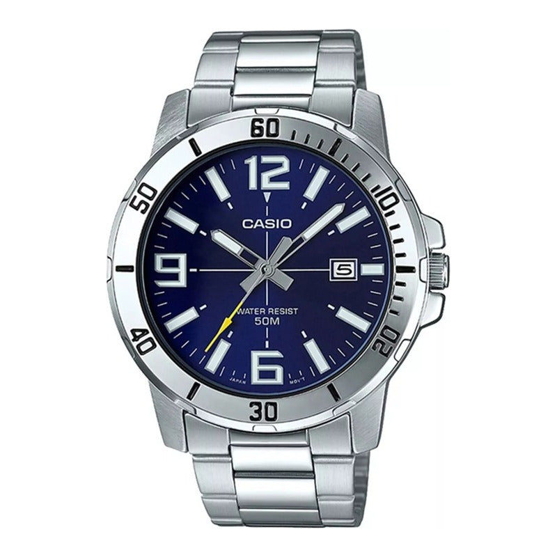 Reloj Casio Mtpvd01 2b Hombre Acero Fechador Correa Plateado Bisel Plateado Fondo Azul Marino Mtp-vd01d-2b