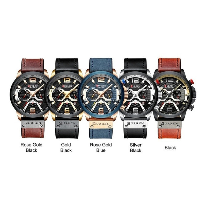 Reloj Pulsera Curren 8329 Con Correa De Cuero Color Marrón - Fondo Negro - Bisel Negro/gris