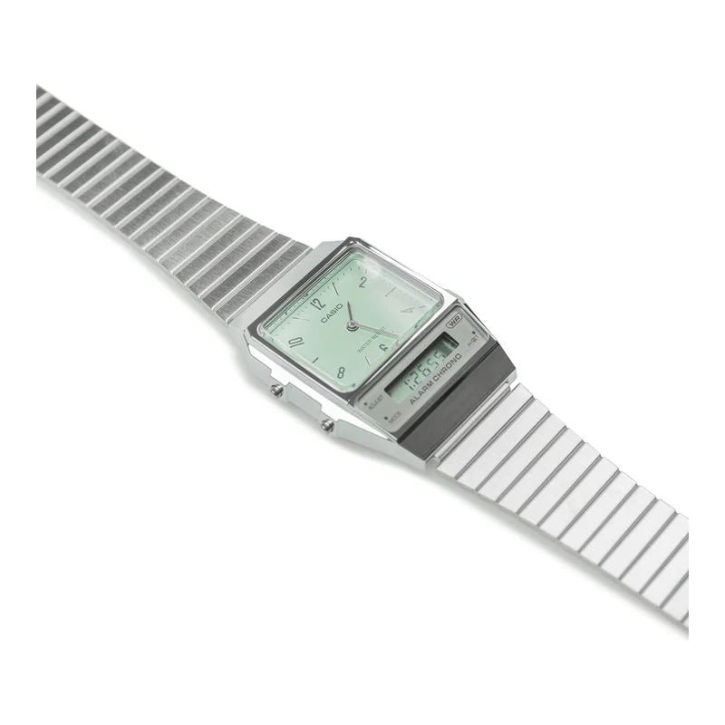 Reloj Mujer Casio Aq-800e-3adf Vintage Core Mens Correa Plateado Bisel Plateado Fondo Verde