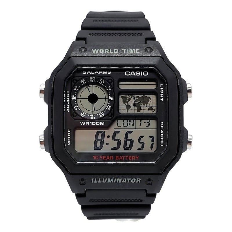 Reloj Pulsera Digital Casio Ae-1200wh-1a Con Correa De Resina Color Negro - Fondo Gris