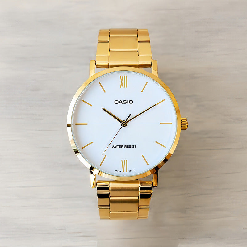 Reloj Casio Pareja Mtp-vt01g-7b Acero Inox Dorado Blanco