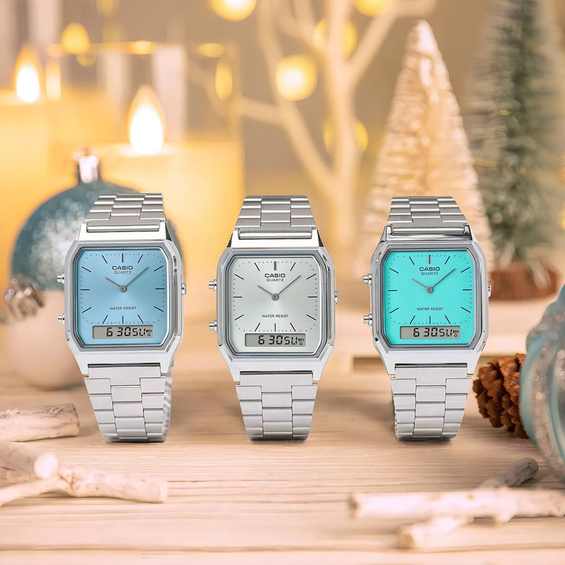 Reloj Casio Vintage Digital De Cuarzo Con Cronógrafo Y Malla De Acero Inoxidable Plateado Celeste