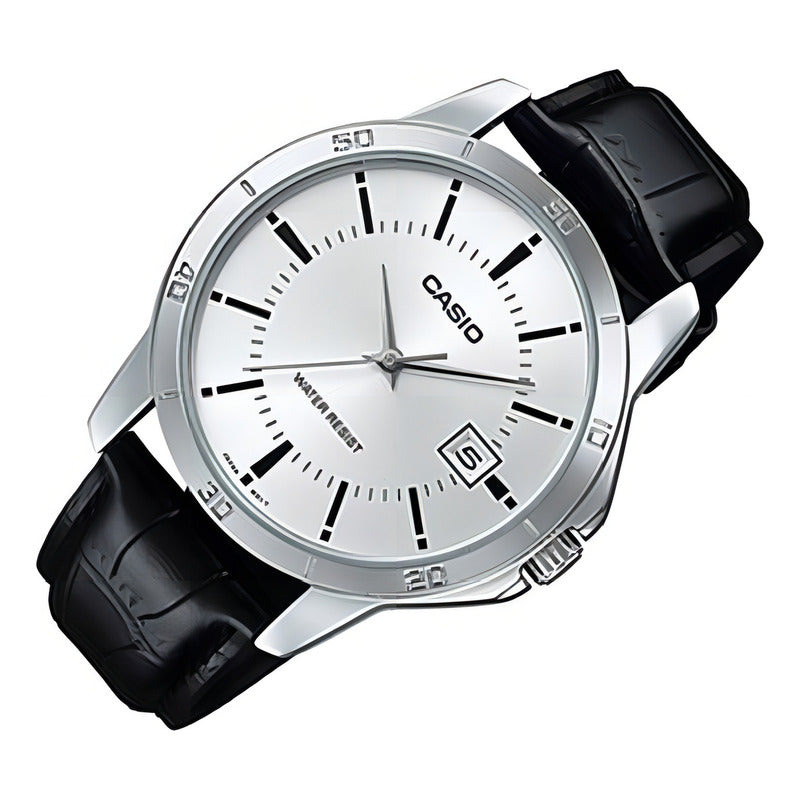 Reloj Pulsera Casio Mtp-v004l-7a Con Correa De Cuero Color Negro - Fondo Blanco - Bisel Plata