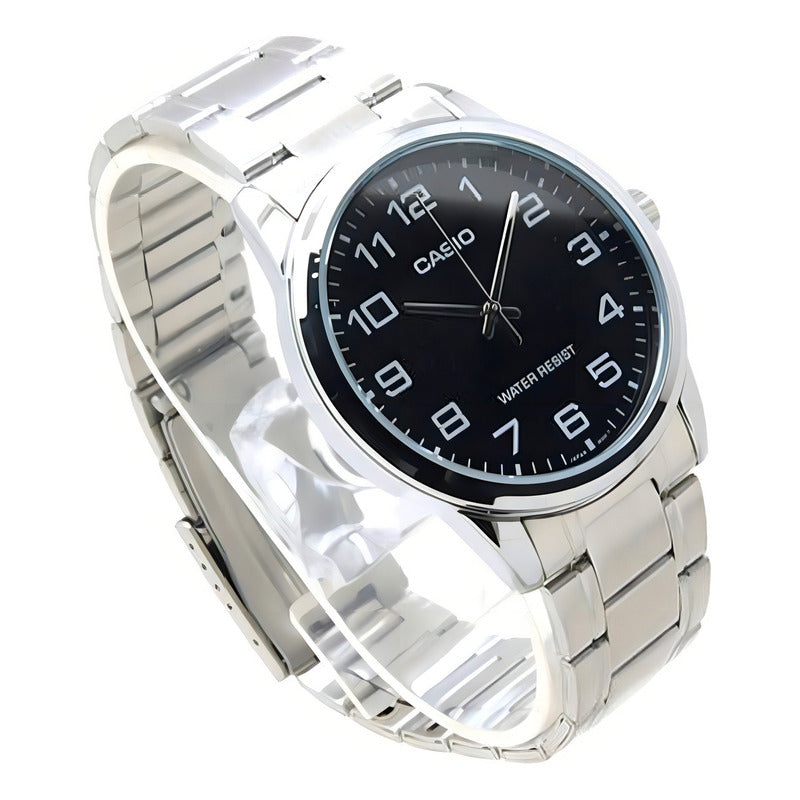 Reloj Pulsera Casio Mtp-v001d-1budf Con Correa De Acero Inoxidable Color Plateado - Fondo Negro