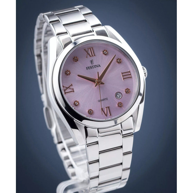 Reloj De Mujer Festina Boyfriend Con Piedras De Acero F16790 Color Del Fondo Lila Claro Color De La Malla Plateado Color Del Bisel Plateado Rosa