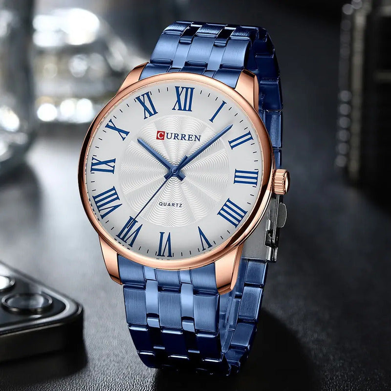 Reloj De Hombre De Negocios Esfera Grande Curren 8422-6 Azul Dorado Rose Blue