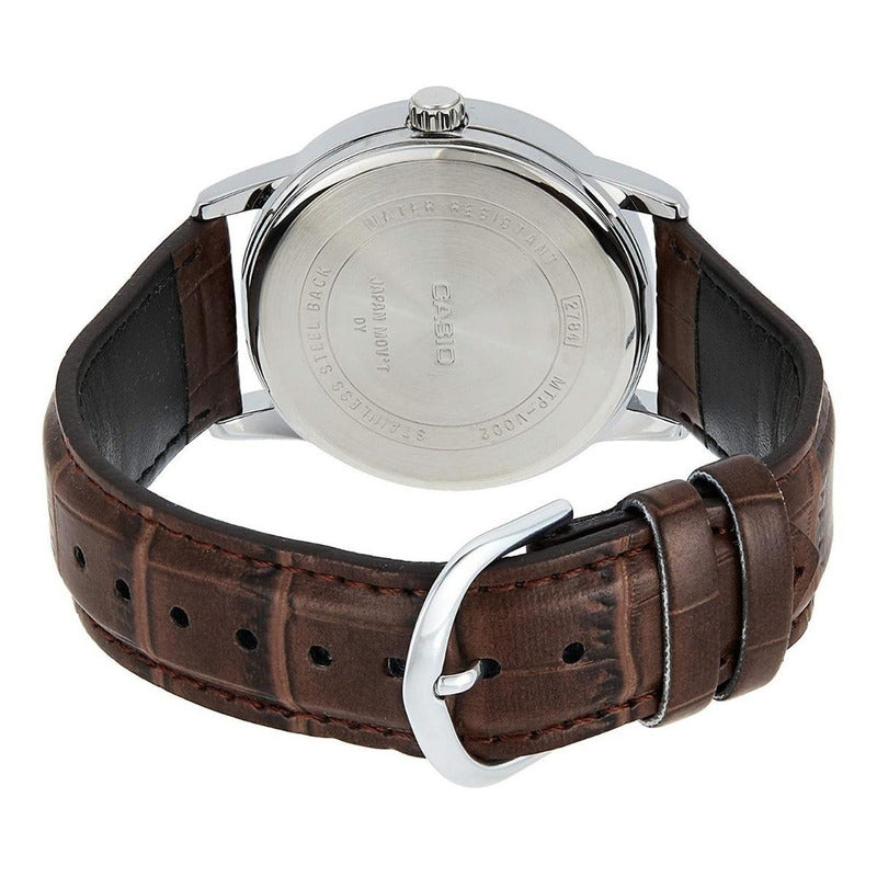 Reloj Pulsera Casio Mtp-v002l-7b2 Con Correa De Cuero Color Marrón - Fondo Plateado