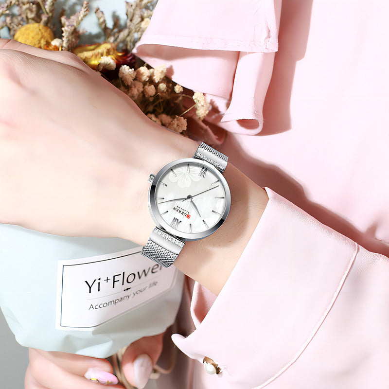 Reloj Curren De Cuarzo Inoxidable De Malla Elegante Para Muj Color De La Correa Plateado Blanco