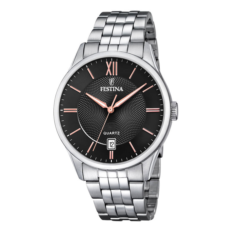 Reloj Pulsera Festina Relógio Con Correa De Acero Color Gris - Fondo Negro - Bisel Plateado