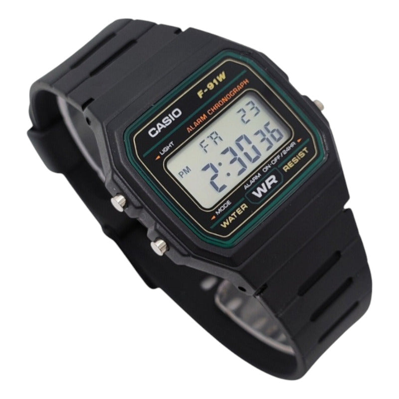 Reloj De Pulsera Casio Collection F-91w-3dg De Cuerpo Color Negro, Digital, Para Hombre, Fondo Gris, Con Correa De Resina Color Negro, Dial Negro, Bisel Color Verde Y Hebilla Sim
