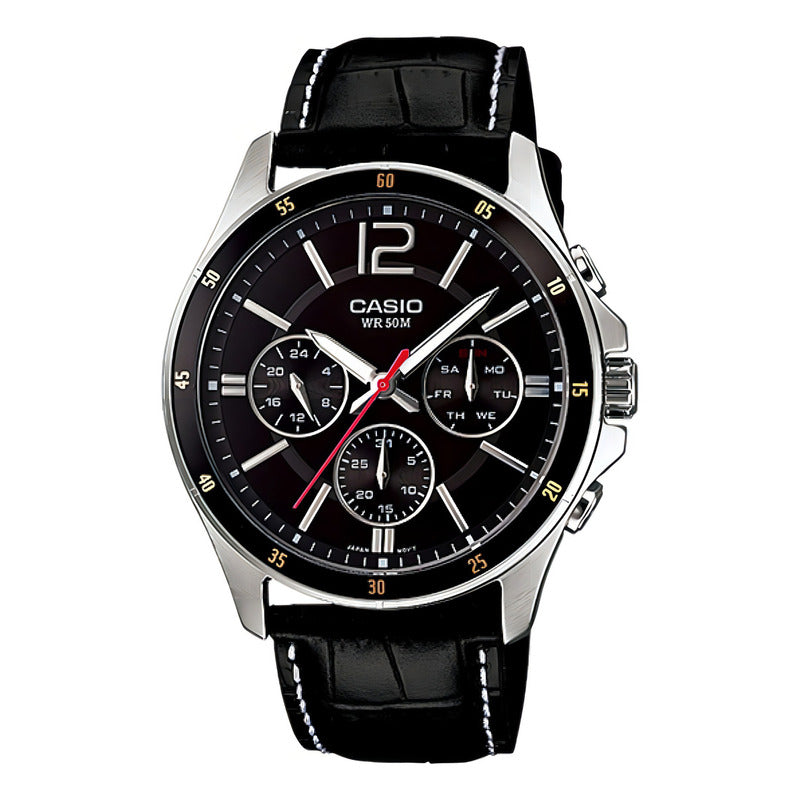 Reloj Casio Mtp-1374l-1a Hombre Multifuncion Acero Cuero 50m Wr Negro