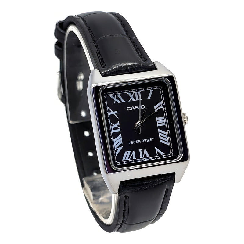 Reloj Casio Dama Correa Piel Genuina Ltp-v007l-1bu Negro Plateado
