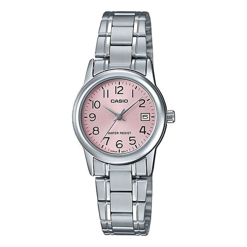 Reloj Casio Ltp-v002d Para Mujer Con Correa De Acero Plateado Y Fondo Rosa Plata