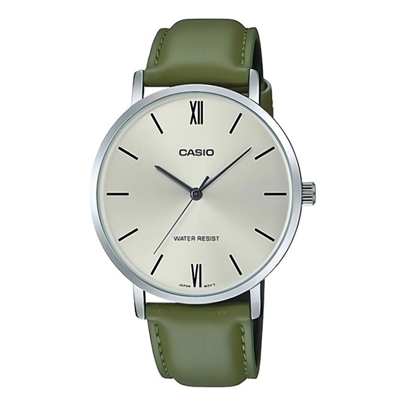 Reloj Pulsera Casio Mtp-vt01 Con Correa De Cuero Color Verde - Fondo Plateado