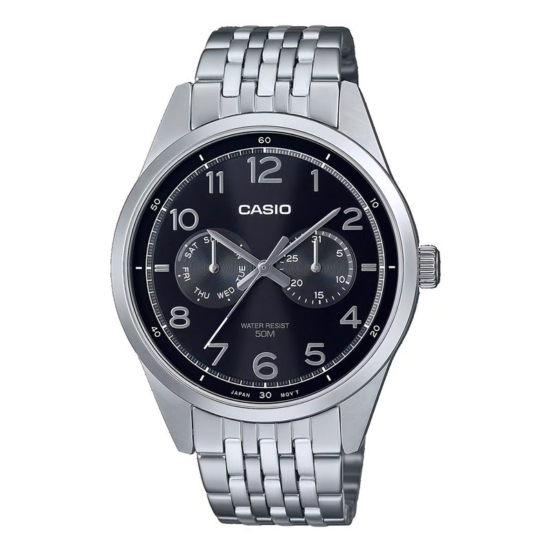 Reloj De Hombre Casio Mtp-e340d-1avdf Con Correa Y Bisel Plateado Y Fondo Negro