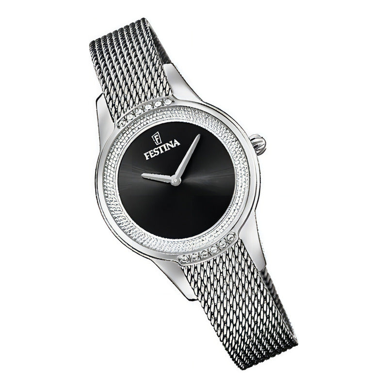 Reloj Festina Para Mujer De Acero Inoxidable Con Piedras Y Malla Tejida Plateado Negro
