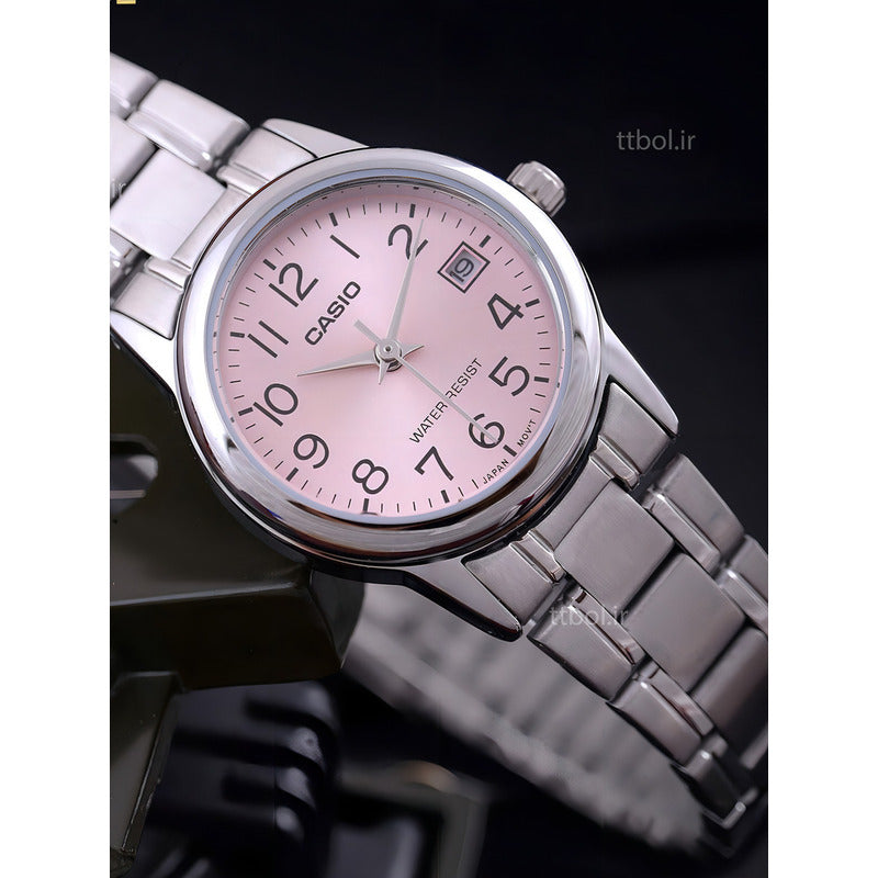 Reloj Casio Ltp-v002d Para Mujer Con Correa De Acero Plateado Y Fondo Rosa Plata