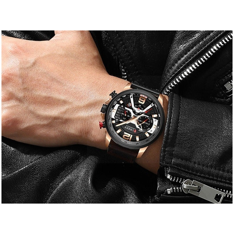 Reloj Pulsera Curren 8329 Con Correa De Cuero Color Marrón - Fondo Negro - Bisel Negro/gris