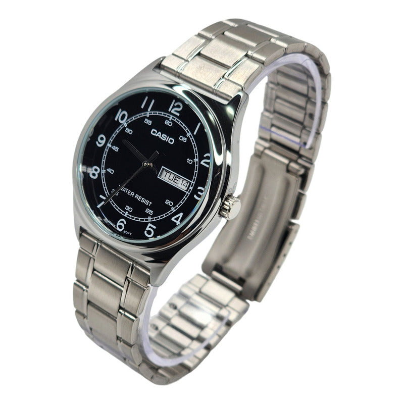 Reloj Pulsera Casio Mtp-v006d-1c Doble Calendario Con Caja Y Correa De Acero Inoxidable Color Plateado Fondo Negro