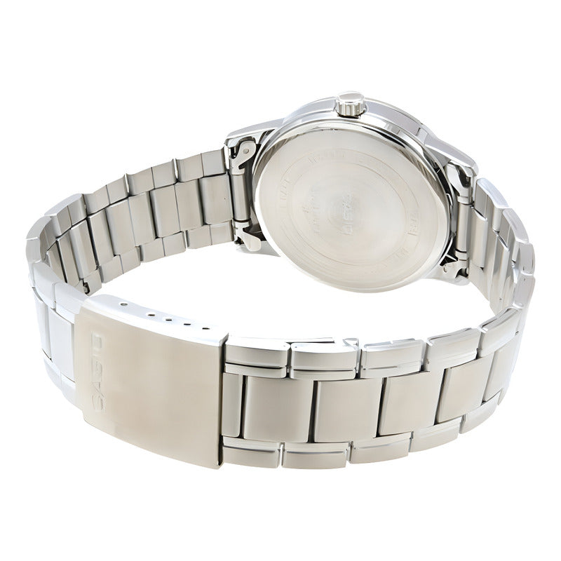 Reloj Pulsera Casio Mtp-v002d-1b3ud Con Correa De Acero Inoxidable Color Gris - Fondo Negro