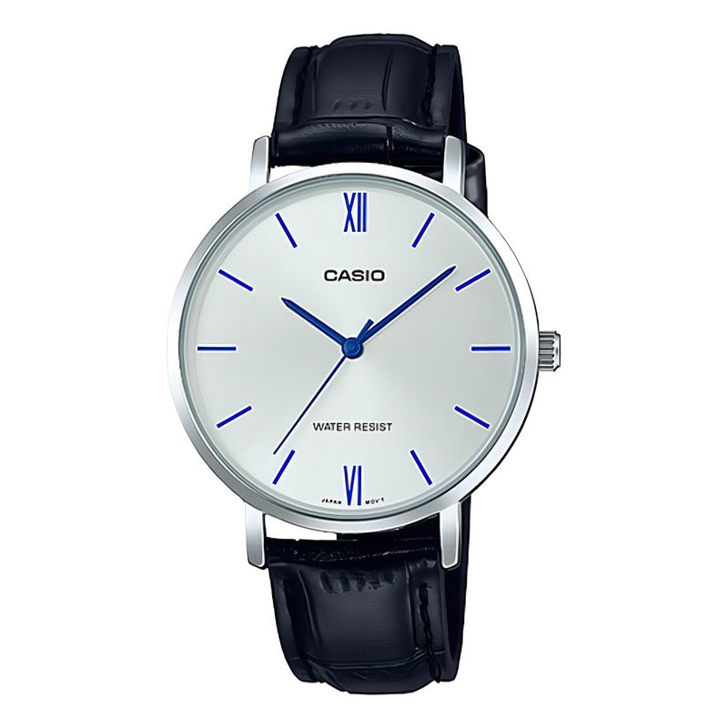 Reloj De Pulsera Casio Dress Ltp-vt01 De Cuerpo Color Plateado, Analógico, Para Mujer, Fondo Plateado, Con Correa De Cuero Color Negro, Agujas Color Azul, Dial Azul, Bisel Color Plateado Y Hebilla...