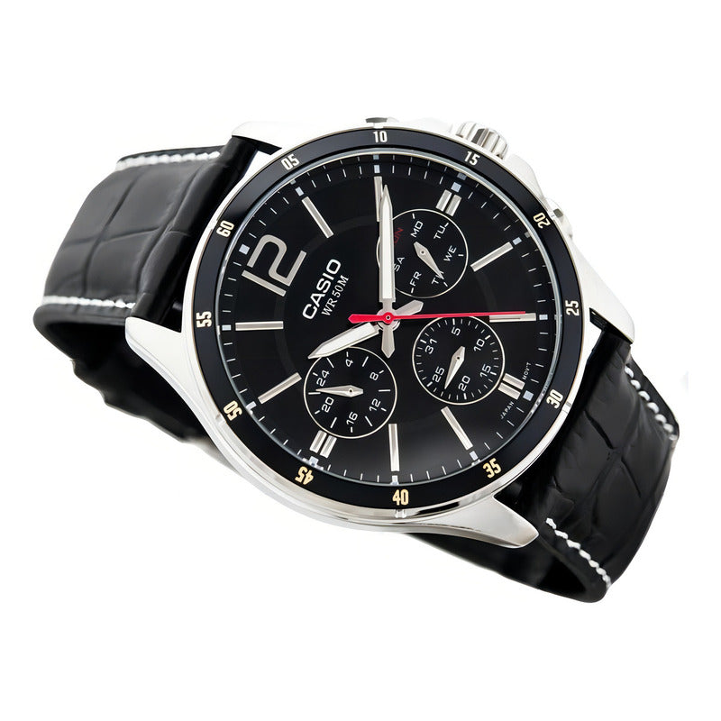 Reloj Casio Mtp-1374l-1a Hombre Multifuncion Acero Cuero 50m Wr Negro