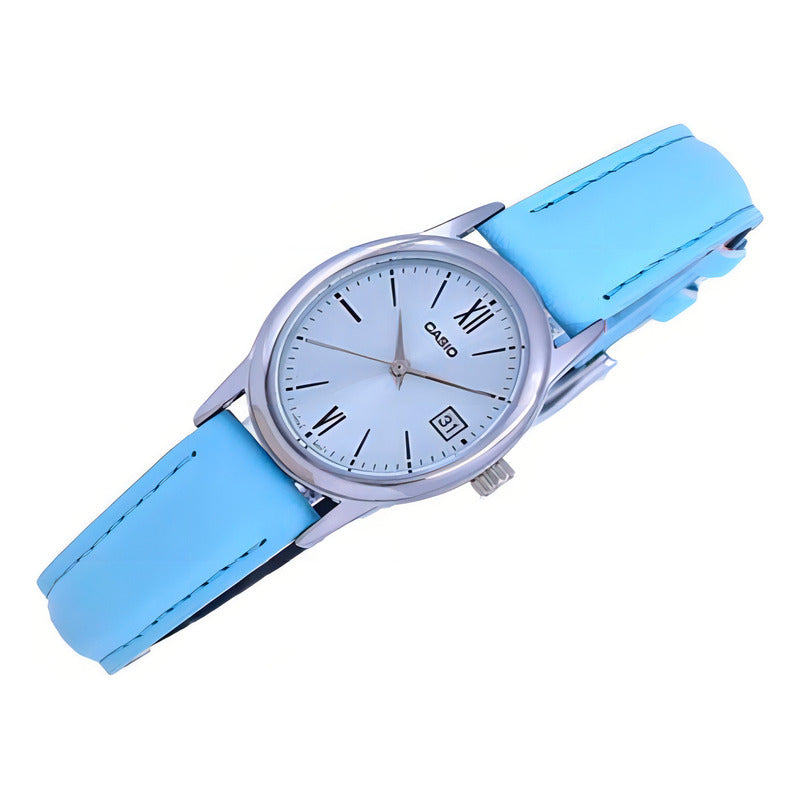 Reloj Casio Dama Ltp-v002l-2b3 De Cuero Azul Resistente Al Agua Plateado