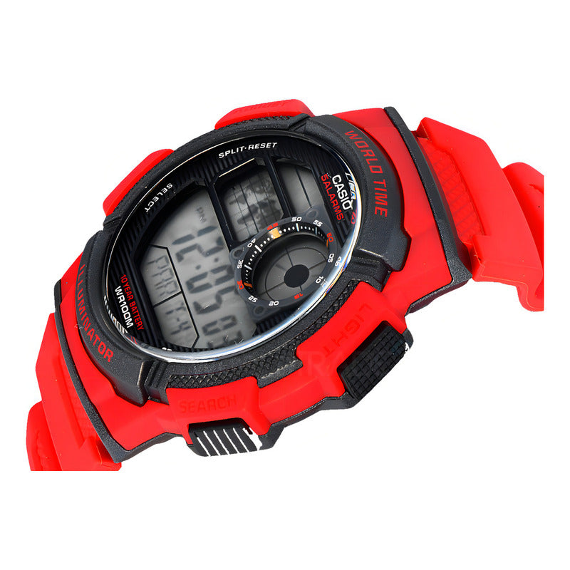 Reloj Casio Ae-1000w 100m W Pila 10 Años Crono Alarma Timer Malla Rojo Bisel Rojo Fondo 4a