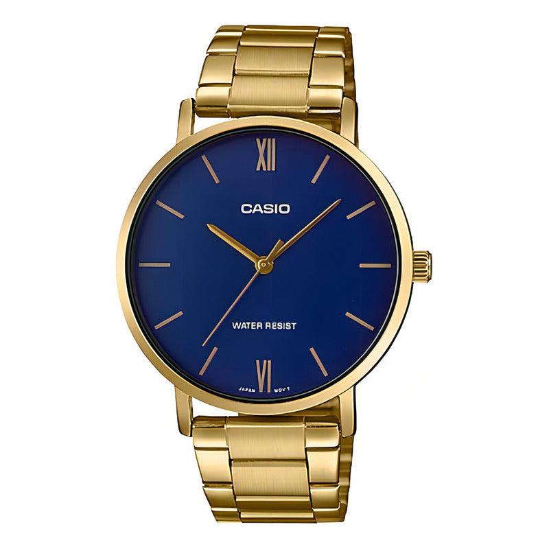 Reloj Casio Enticer Series Mtp-vt01g-2budf Color De La Correa Dorado Color Del Bisel Dorado Color Del Fondo Azul