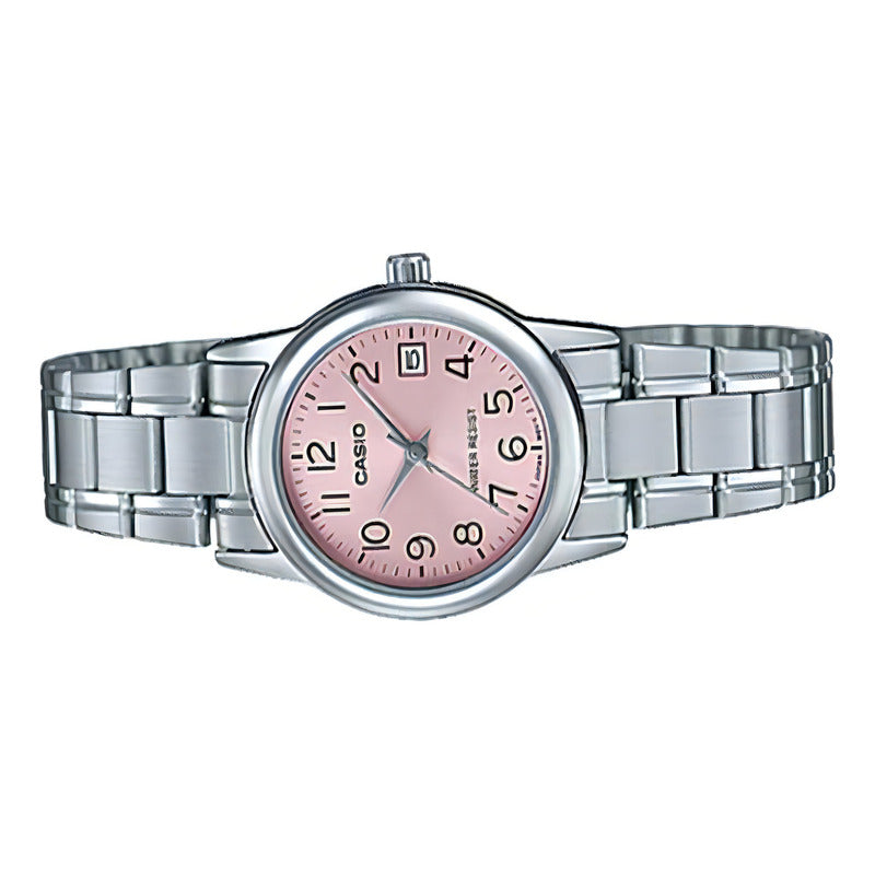 Reloj Casio Ltp-v002d Para Mujer Con Correa De Acero Plateado Y Fondo Rosa Plata