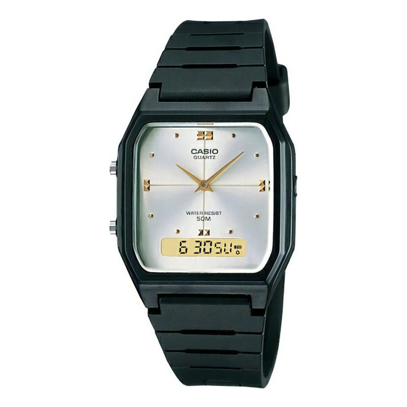 Reloj Casio Aw48 Retro Unisex Resina Digital Y Analogo Full Color De La Correa Negro Color Del Bisel Negro Color Del Fondo Plateado