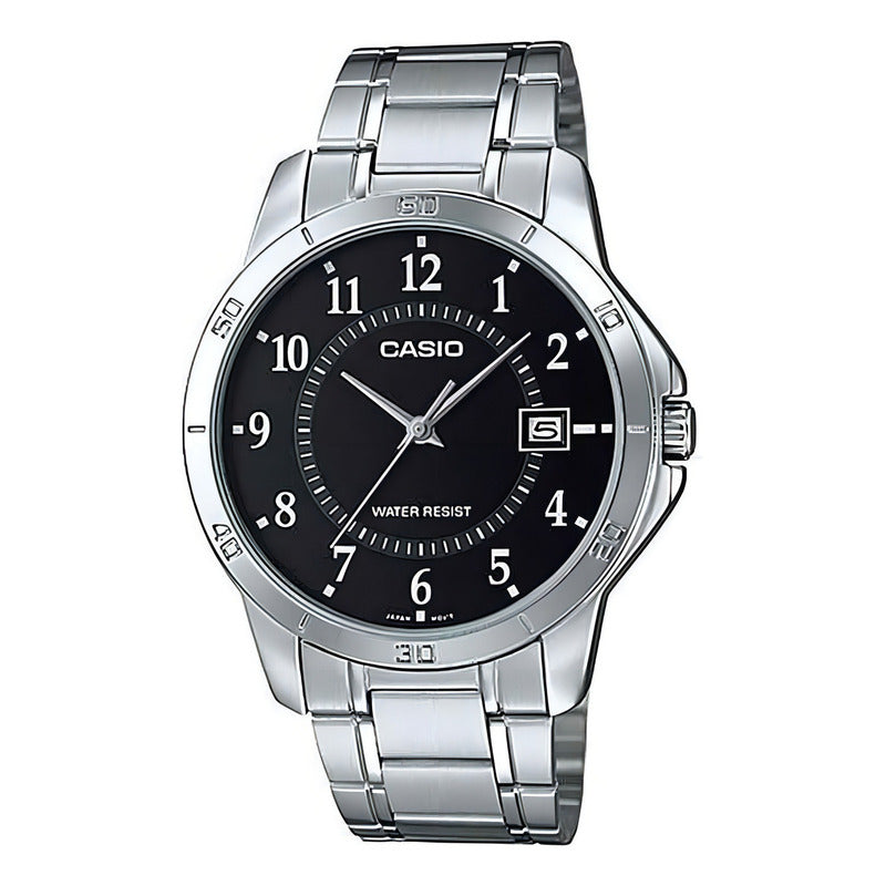 Reloj Pulsera Casio Mtp-v004gl-9 Con Correa De Acero Inoxidable Color Plata - Fondo Negro