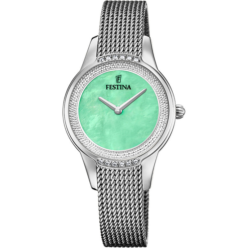 Reloj Festina Mujer Acero Tejido Piedras Verde 50m F20494.6 Plateado Plateado Verde Claro