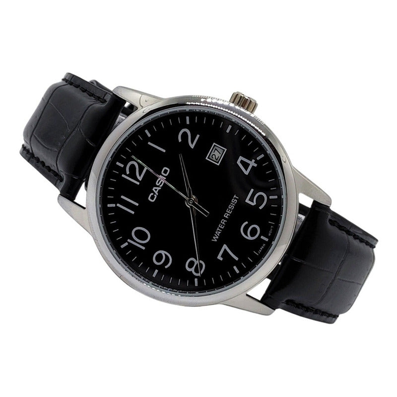 Reloj Pulsera Casio Mtp-v002l-1bu Con Correa De Cuero Color Negro - Bisel Plateado