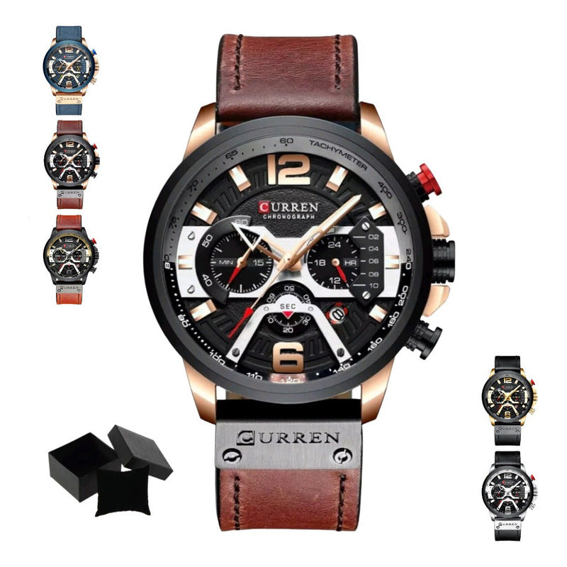 Reloj Pulsera Curren 8329 Con Correa De Cuero Color Marrón - Fondo Negro - Bisel Negro/gris