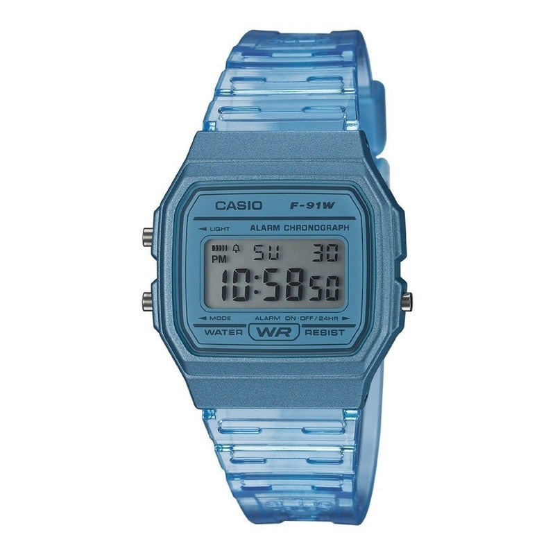 Reloj De Pulsera Casio Collection F-91ws-2d Relojesymas Transparente/celeste Celeste Gris