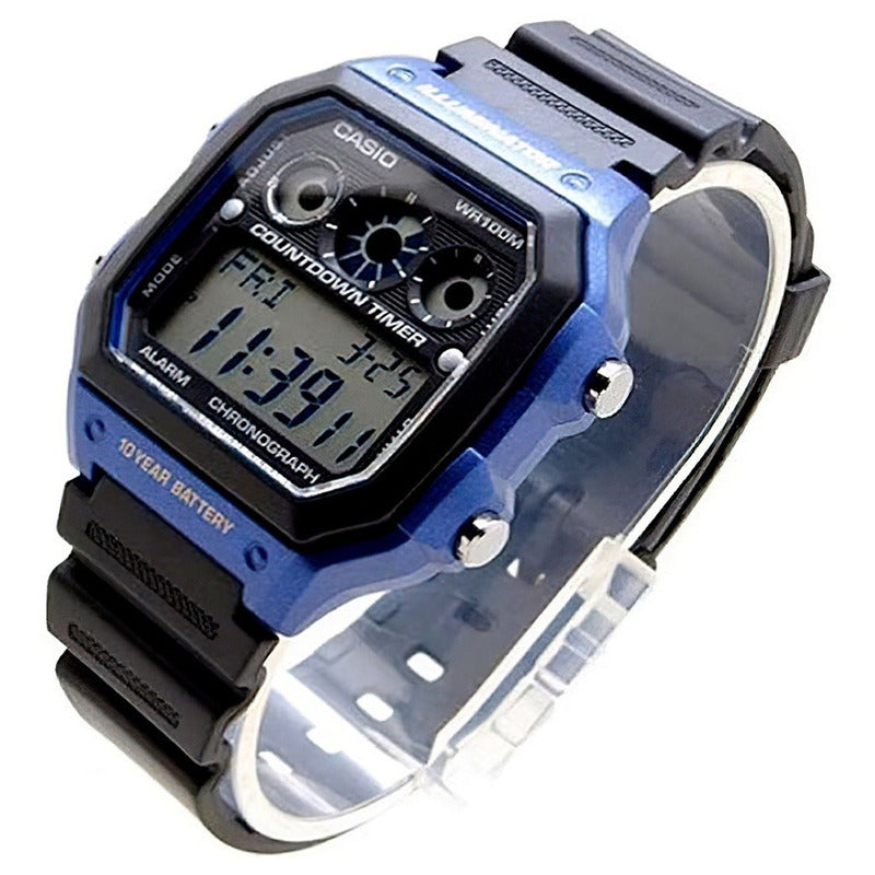 Reloj Pulsera Digital Casio Ae-1300wh-2a Con Correa De Resina Color Negro - Bisel Azul/negro