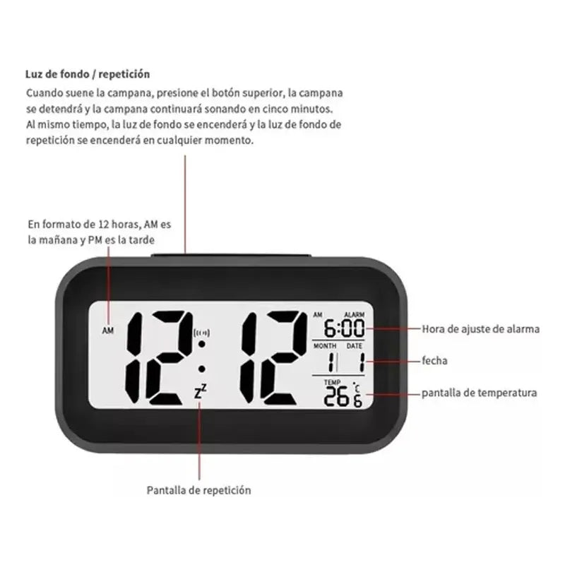 Reloj Despertador Pantalla Led Fecha Temperatura Alarma Color Negro 14 Cm